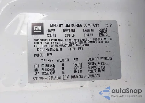 2022 Chevrolet Trax Fwd Lt z USA, uszkodzony, nr VIN KL7CJLSM8NB512741